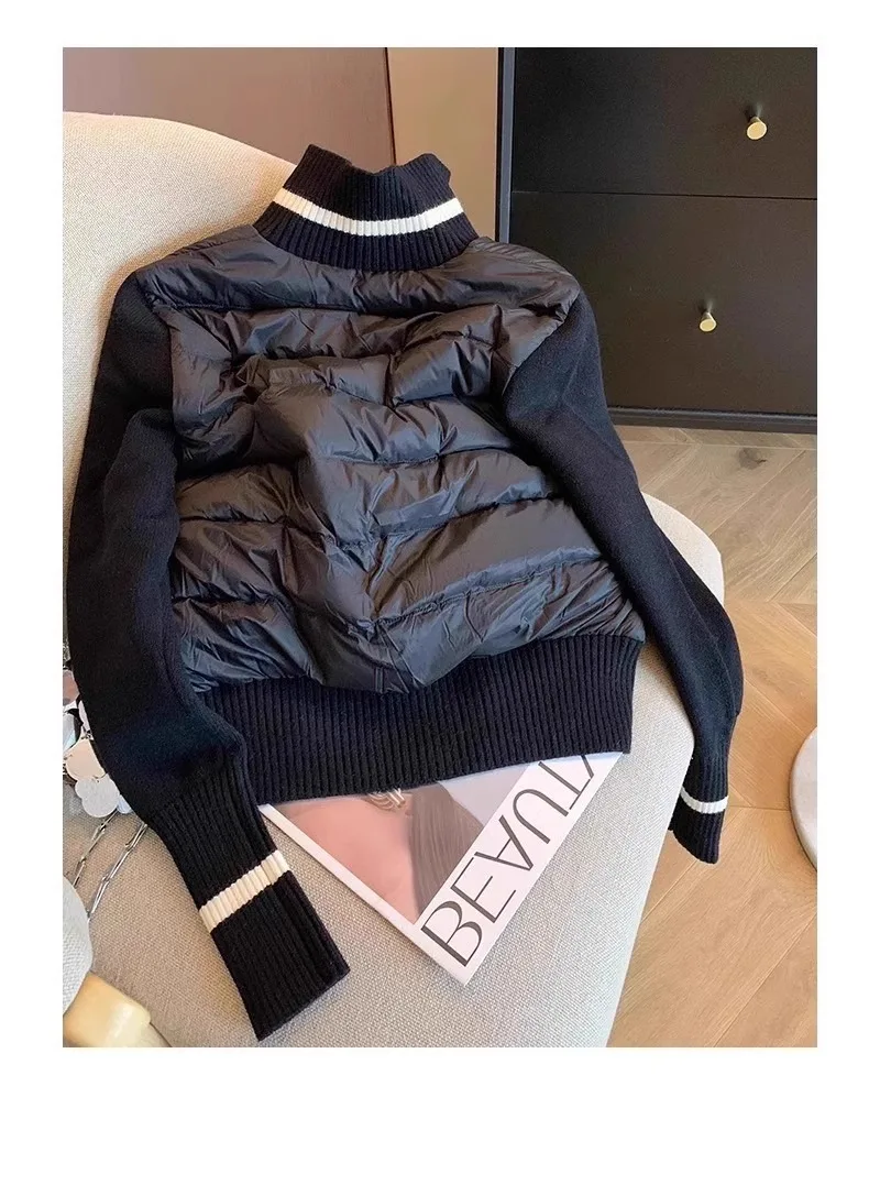 Women's Down Cotton Jacket Autumn Winter Color Contrast Splicing Knitted Long Sleeve Coats Lightweight Stand Collar Outerwear