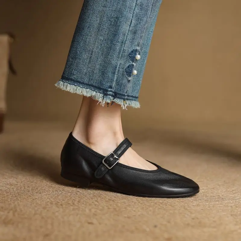 MORAZORA Ins Hot Genuine Leather Shoes Women Flats Buckle Strap Mary Janes Flat Shoes Spring Summer Ladies Dress Daily Shoes 4