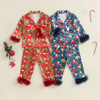 MISOWMNJOY Children Girls Pajamas Set Satin Feather Trim Christmas Button up Long Sleeves Shirt with Elastic Pants Loungewear