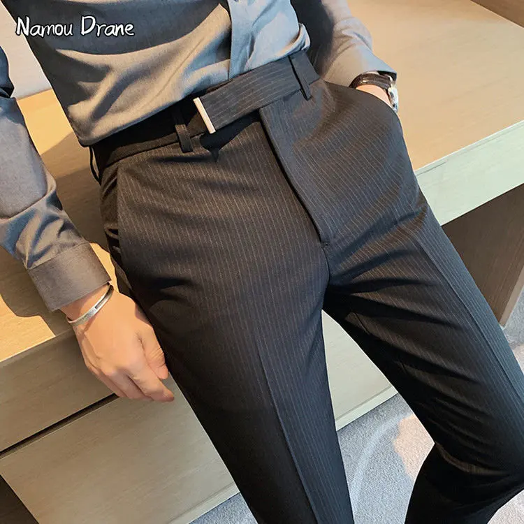 

2022 Spring and Summer Trousers Men's Drape Nine Points Pants Casual Korean Version of The Trend Straight Striped Suit Pants