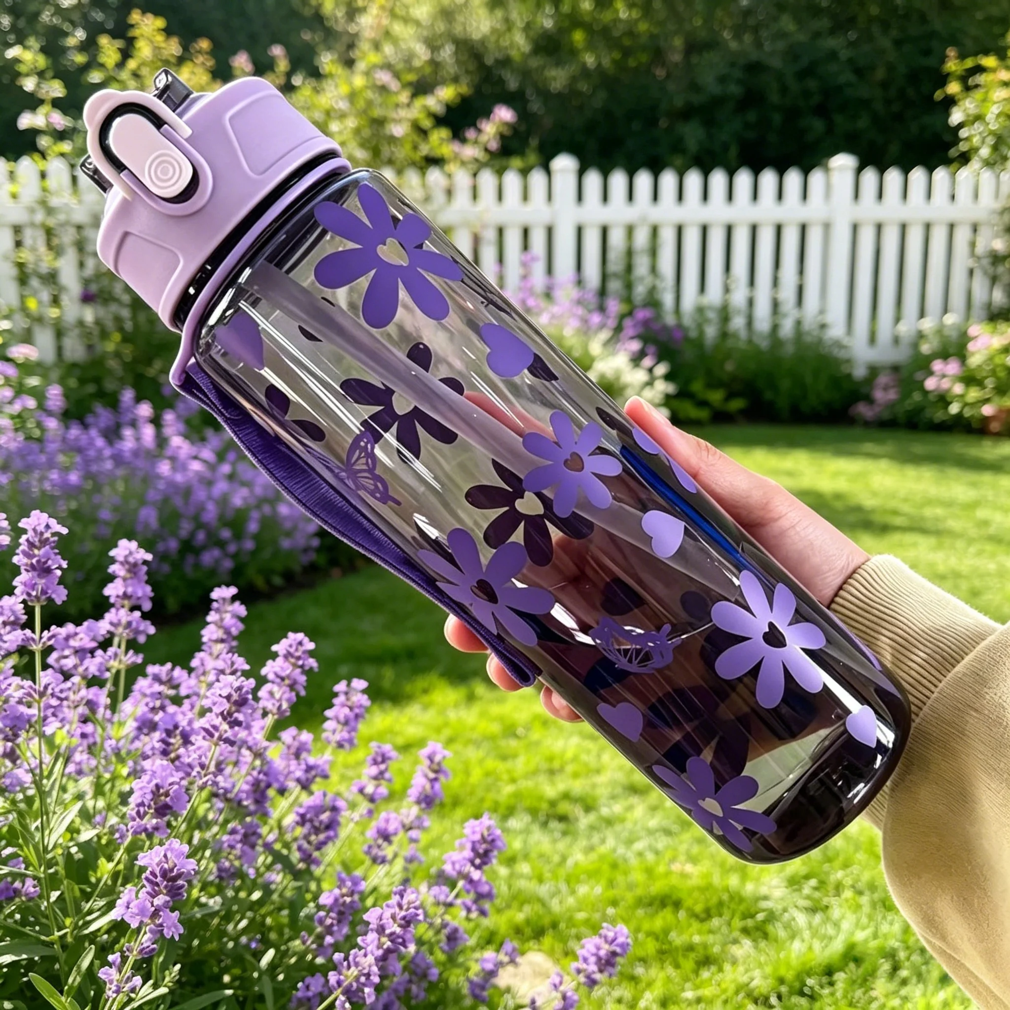 Floral Bowknot Patterned Water Bottle - Trendy, Stylish, Lightweight & Durable with Portable Lanyard
