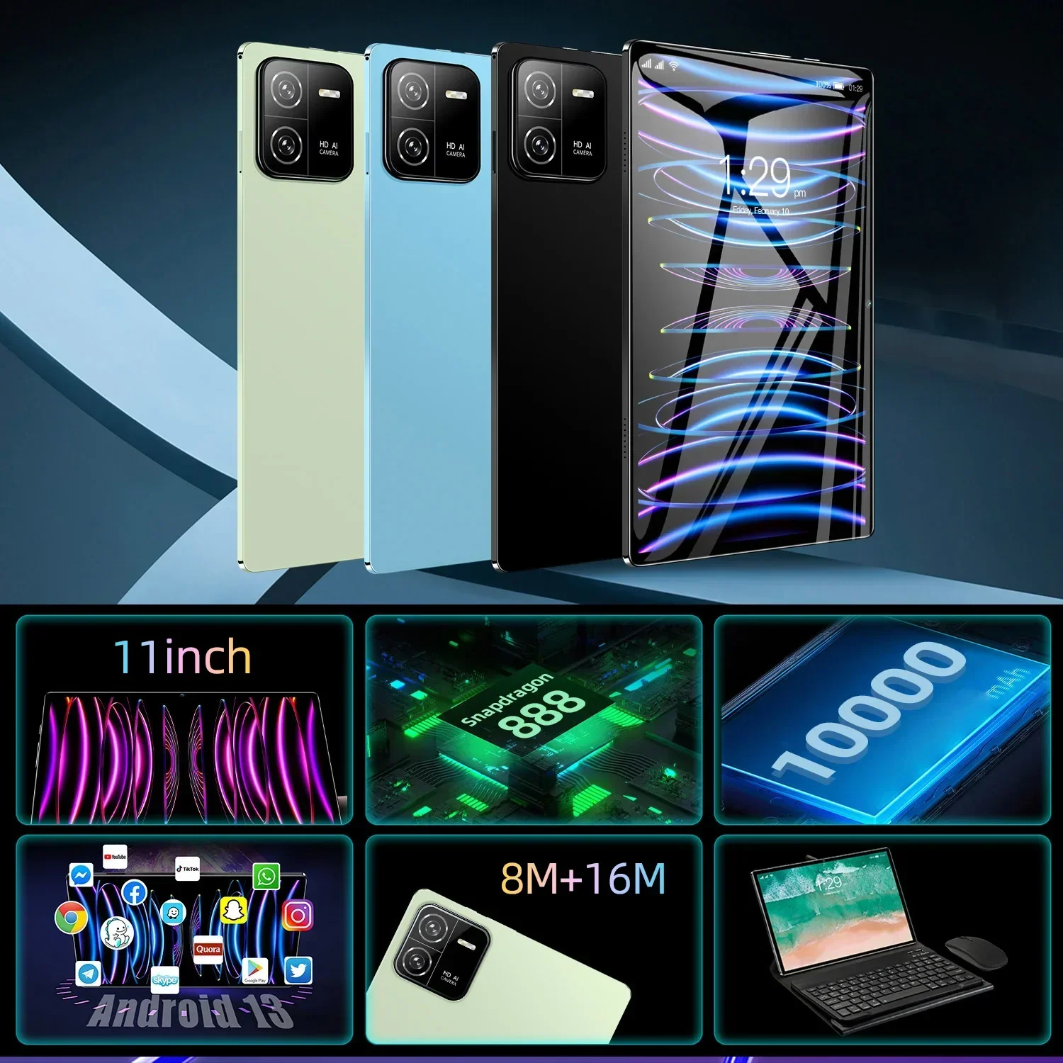2024 오리지널 글로벌 버전 패드 6 프로 태블릿 PC, 스냅드래곤 888, 10000mAh, 안드로이드 13 RAM, 16GB ROM, 1TB, 5G HD, 4K 화면, 와이파이, 미 탭