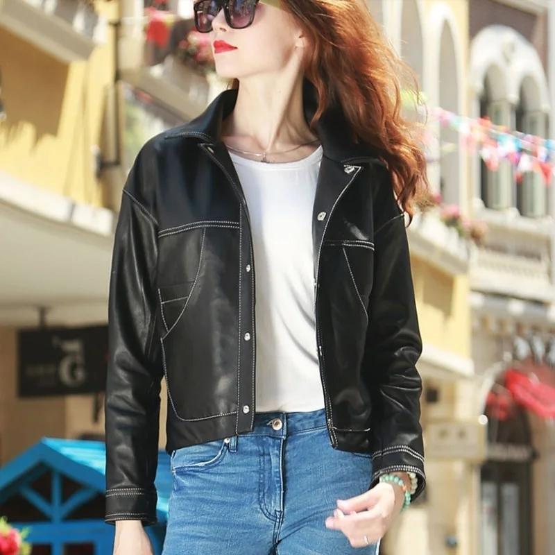 

2023 Women Genuine Leather Motorcycle Short Jacket Autumn Design Pocket Asymmetrical Sheepskin Coat Street Female Casual Cargo