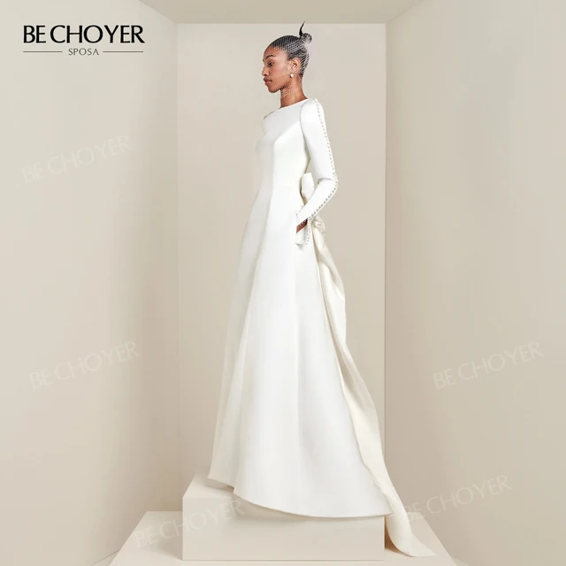 Long Sleeve A-Line Wedding Dress 2025 Chic Bow Backless Bride Gown
