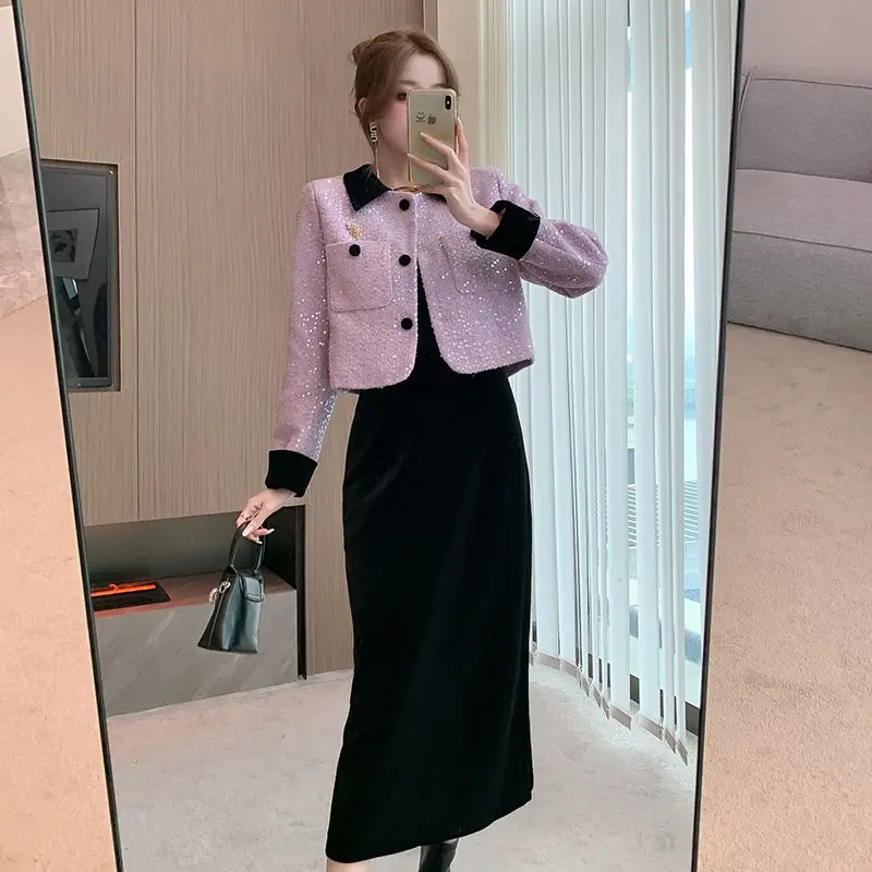 

UNXX Autumn Suit Women High-end Sequined Tweed Small Fragrant Jacket + Gold Velvet High-waisted Slim Skirt Two-piece Set Women