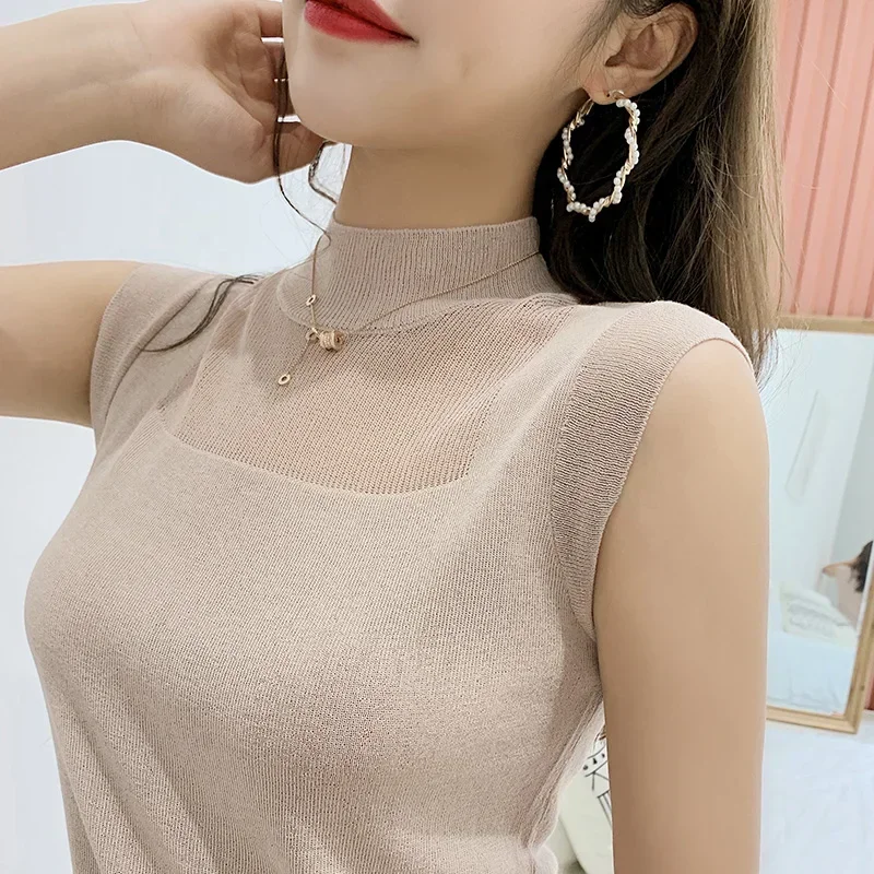 

Summer Sleeveless Knitted Blouse Women Pullover Blusas Mujer De Moda 2024 Verano Women Blouses Knit Blouse Shirt Tops Women B494