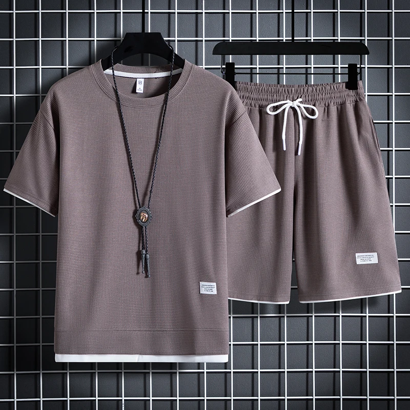 أطقم وافل صيفية للرجال طقم تي شيرت وسروال قصير غير...