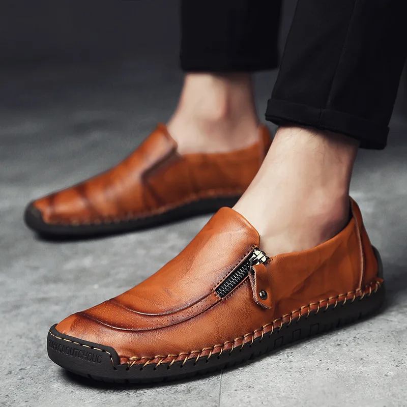 

2022 New Business Men's Casual Shoes Men Genuine Leather Soft Flats Moccasins Loafers Zipper Men's Driving Male Loafers Shoes