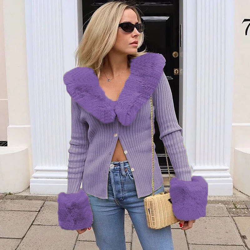 Knit Coat with Fur Collar Tops Women Autumn Winter Faux Fur Patchwork Slim Jackets 2022 Oversize Knitted Coat Warm Outerwear Y2K