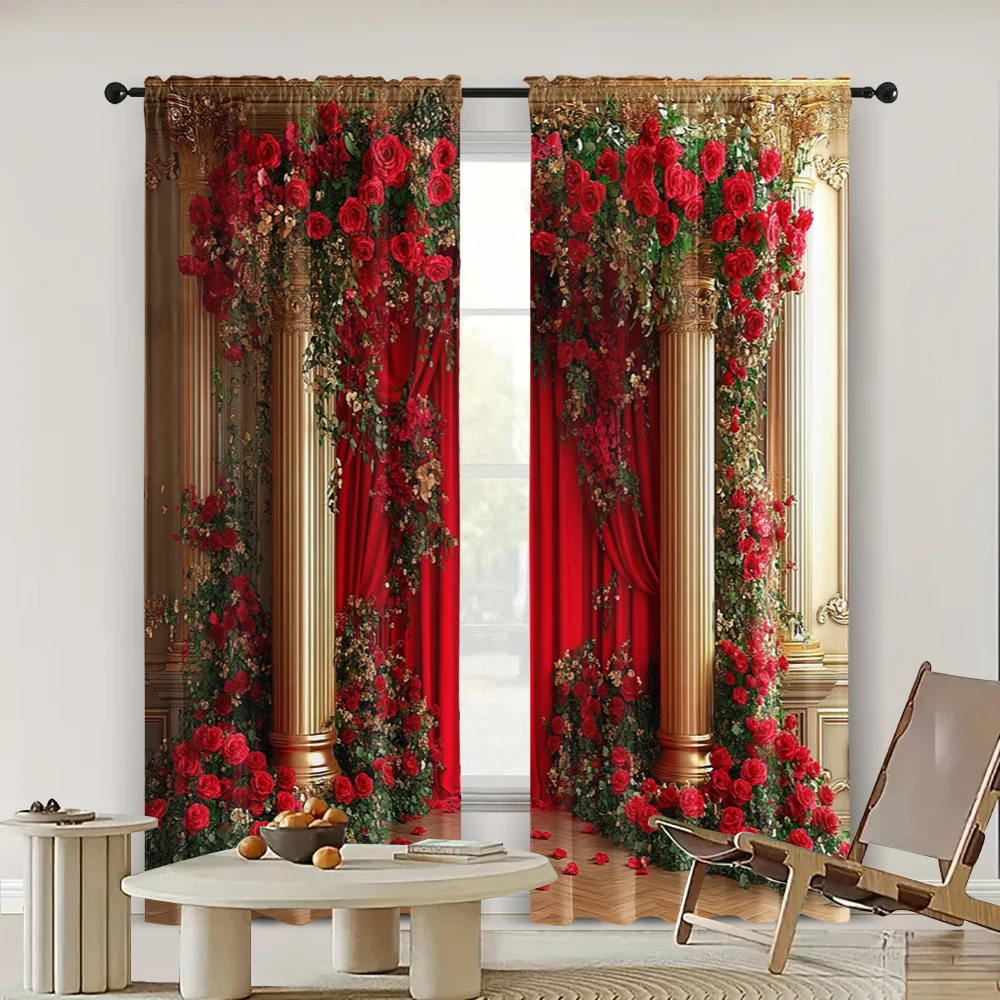 2pc,  Valentine's Day Window Curtains Luxury Vintage Rose Arch Durable Polyester,Without Electricity Birthday Party for 2