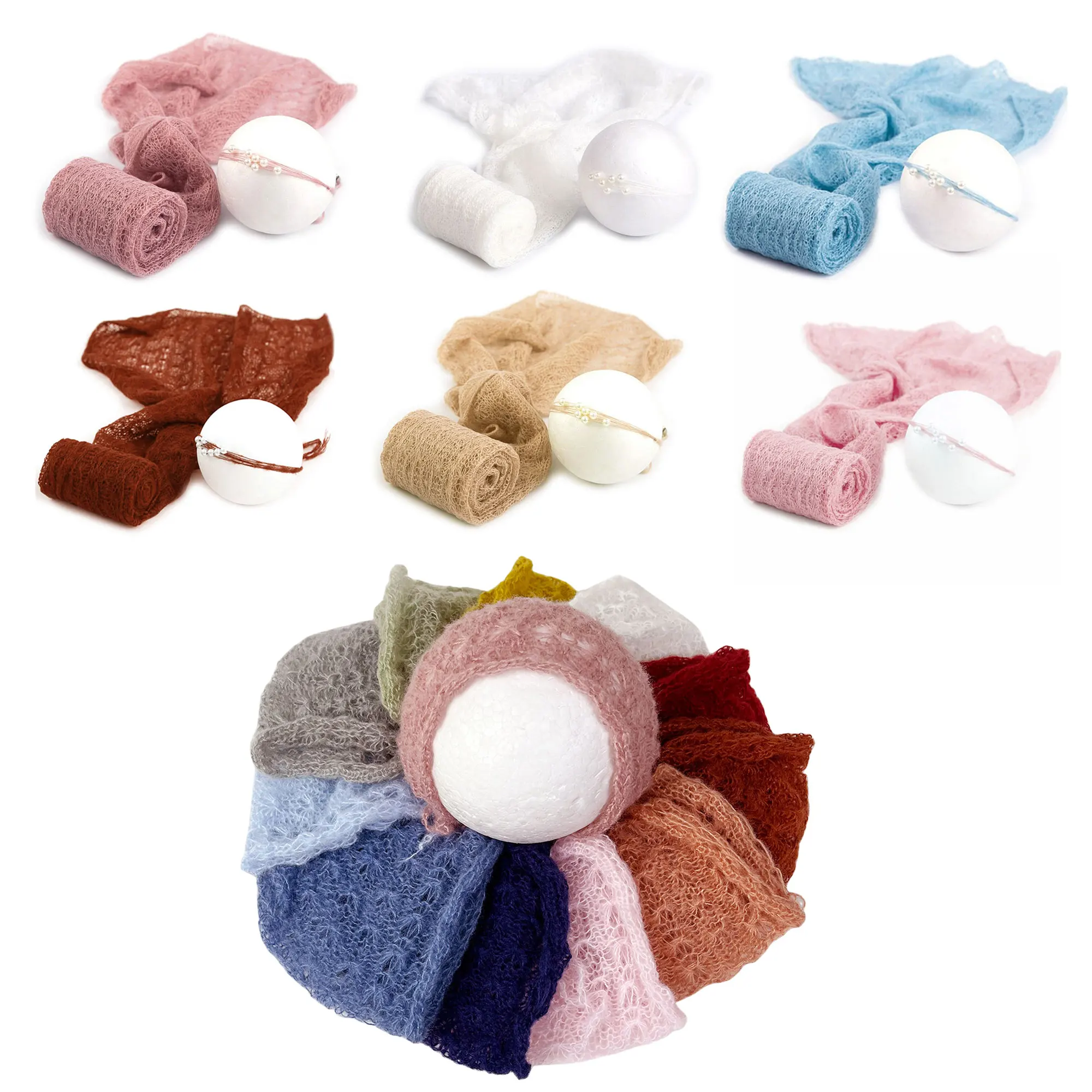 Don&Judy Newborn Soft Stretch Wrap Headwear Set Hat Cap Baby Photography Prop Outfit Handmade Knit Mohair Bonnet 2pcs Sets New 5 sets lot hand knitted 60x30cm stretch soft real mohair baby wrap with matched bonnet for newborn baby photography props