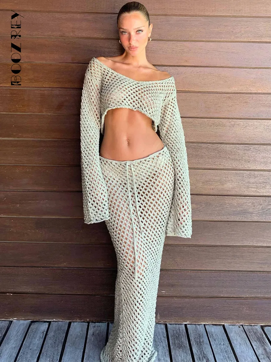 

BoozRey 2023 summers Woman 2pcs Knitted Dress Set Hollowr out Long sleeve Crop T-shirt+Knee Length Skirt Beach Sundress Outfits