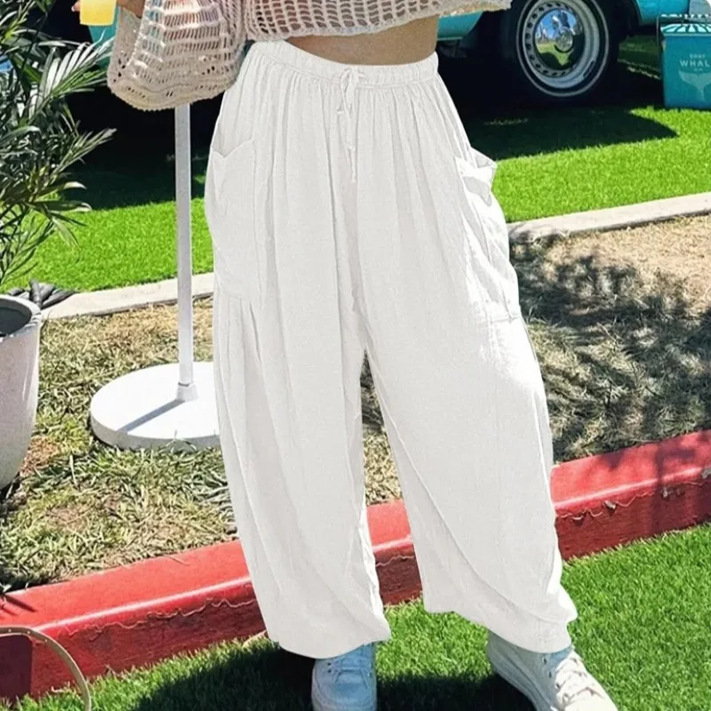Autumn Loose Wide Leg Pants Women's Clothing Elastic Waist Pleated High Waist Casual Cotton Linen Solid Color Trousers Pants