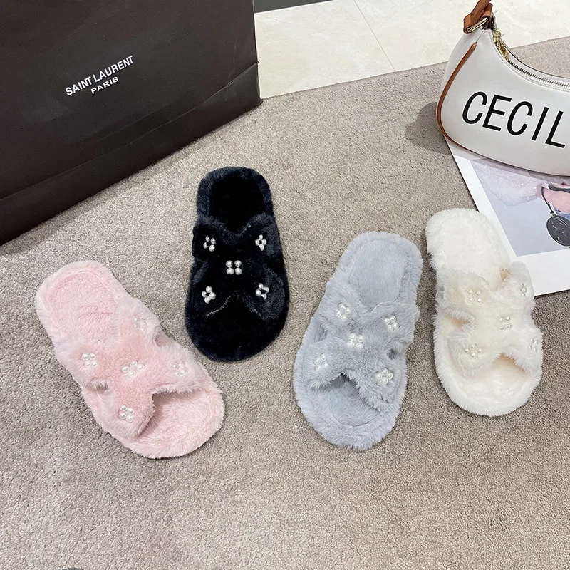 Winter Warm Plush Pearl Slippers Women Fashion Cross Fluffy Fur Shoes Home Slides Flats Indoor Floor Flip Flops Female Shoes