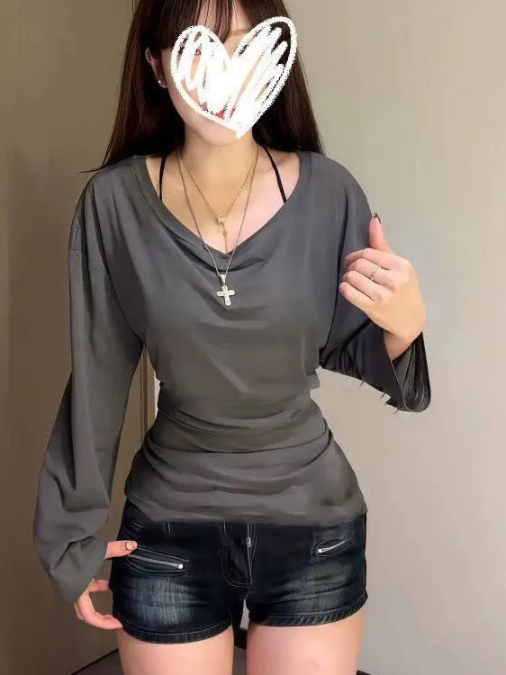 Slim Fit Long Sve T-irt Lightweight Loose Design Belted Summer Transparent Waist-Cinching Top Women's Faion