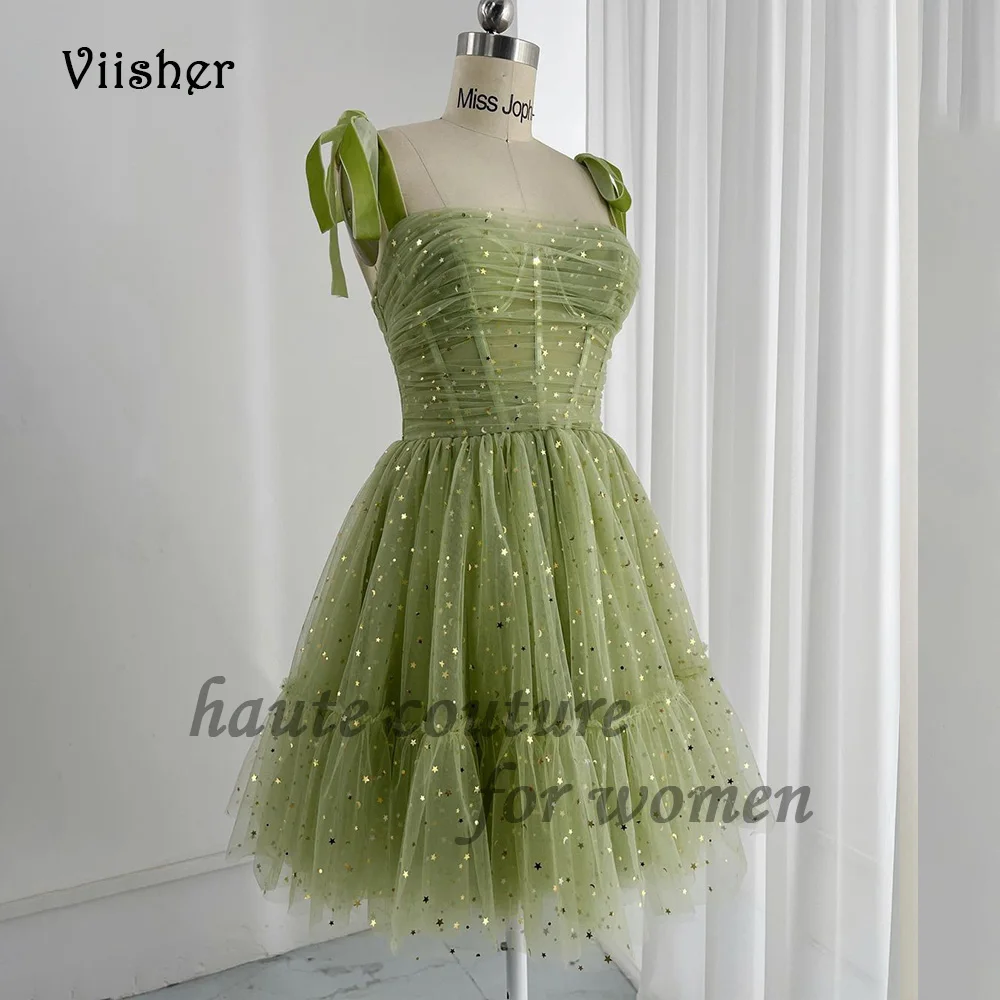 Green Star Tulle Sparkly Prom Dresses Spaghetti Straps Strapless A Line Fairy Evening Party Dress Knee Length Formal Gowns