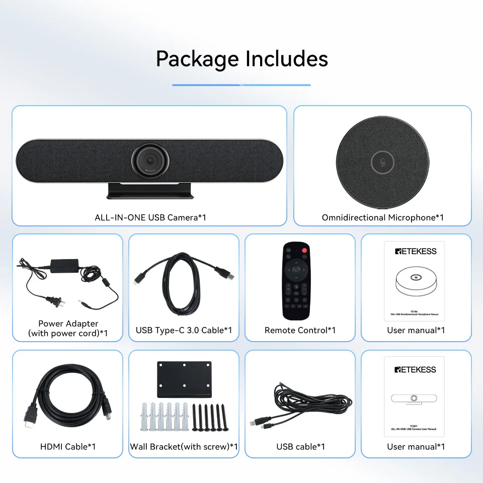 Retekess TC201 Professional Audio Conference All-in-One 4k AI with TC106 Omnidirectional Microphone for Medium-sized Meeting