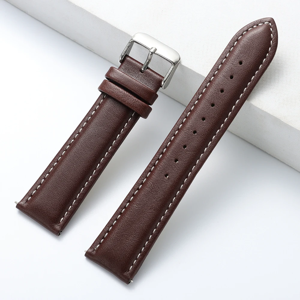 Premium Calfskin Leather Watch Band with Stainless Steel Buckle