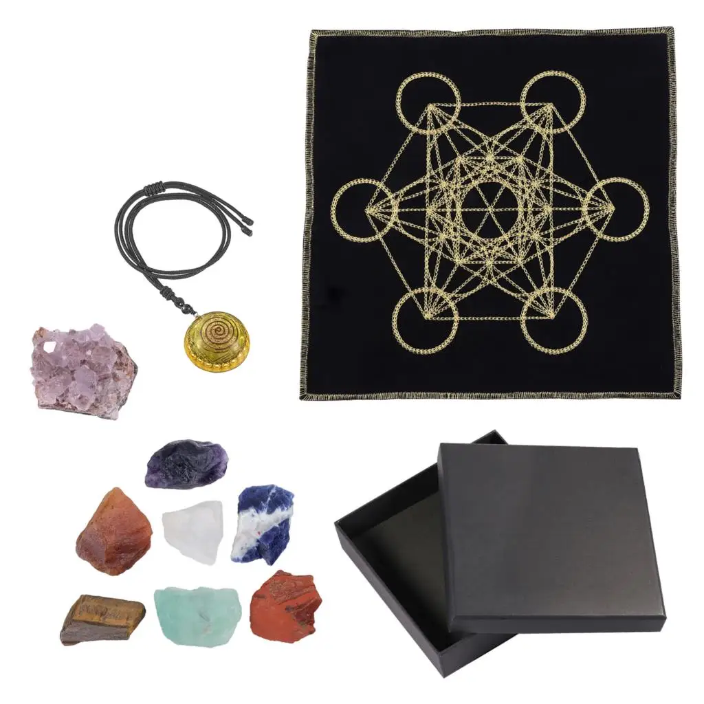 Natural Rough Crystal Stone Reiki Amethyst Cluster Archangel Metatron Sacred Geometry Mat Tarot Divination Meditation Set