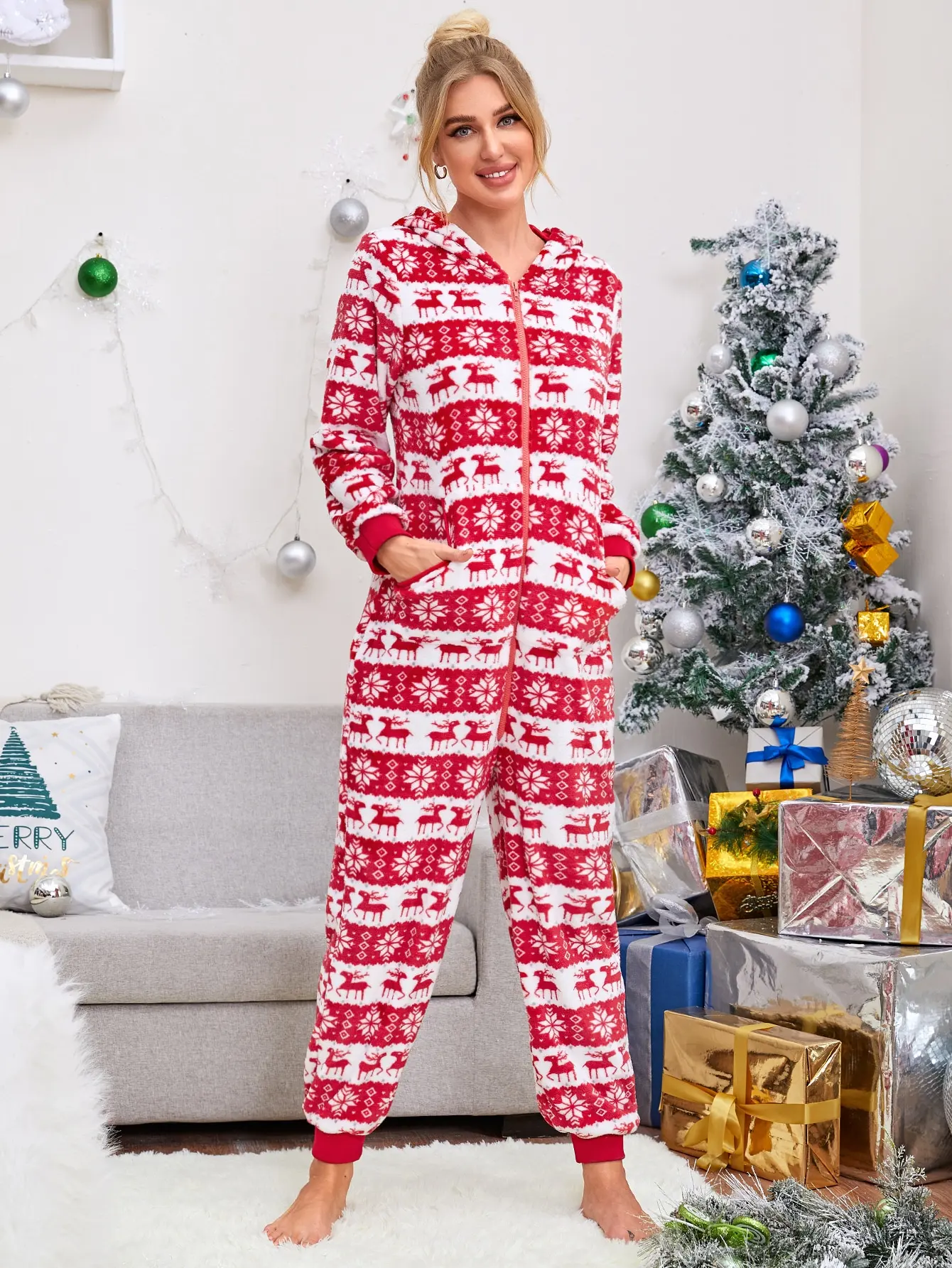 Women Bodysuit Sleep Wear Set Christmas Hooded Jumpsuit Long Sleeve Zip Up V Neck Cartoon Print Pajamas Winter Warm