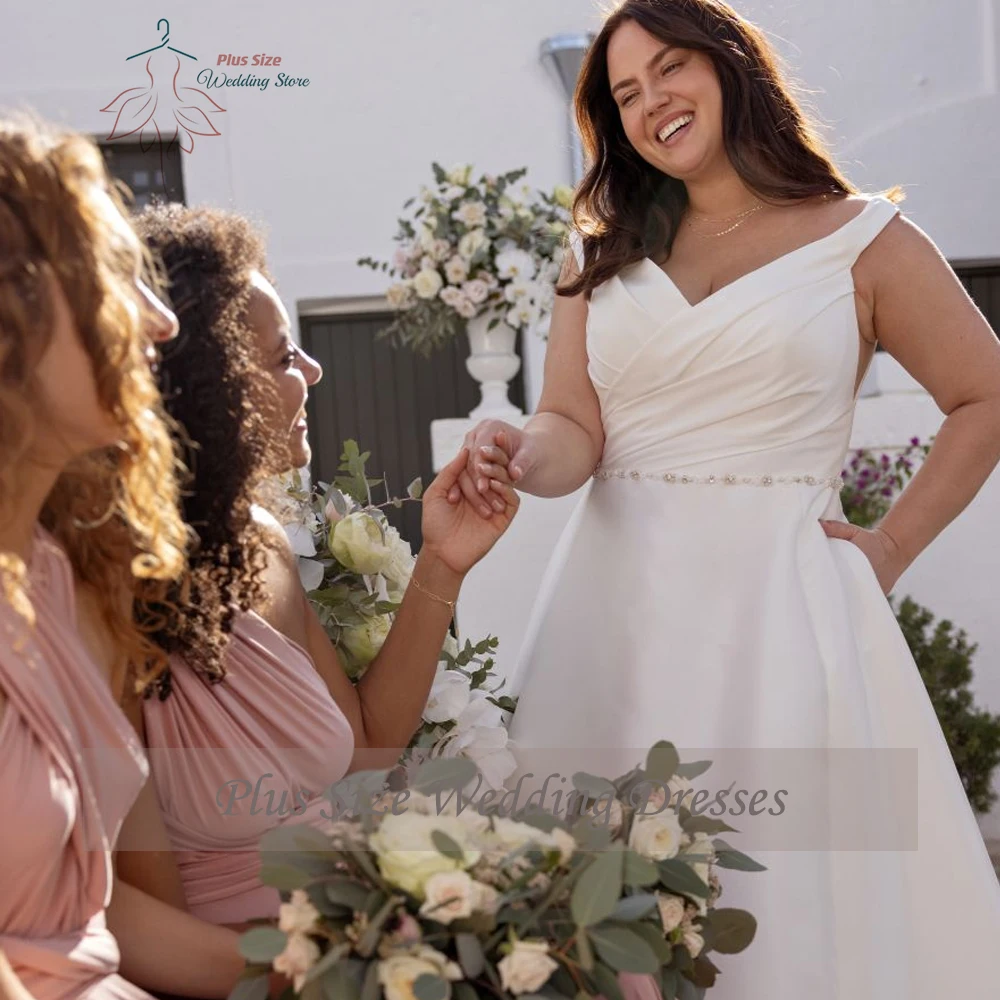 Vestidos De novia clásicos De línea A, talla grande, cuello en V, sin mangas, cuentas en la espalda, botón, largo hasta el suelo, satén