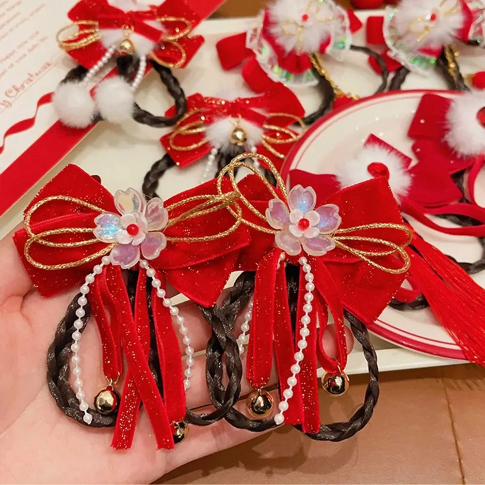Ancient Style Children's New Year Hairpin Red Wig Braid New Year Bow Hairpins Ribbon Tassels Princess Girls Hanfu Headwear