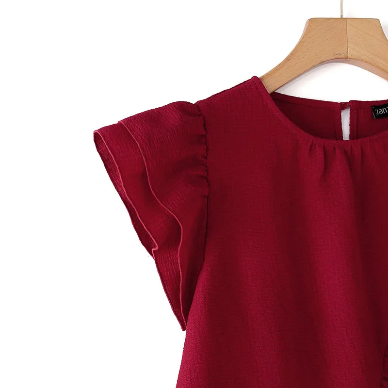 ZANZEA Women Chic Ruffle Blouse Vintage Short Sleeve Peplum Tops Holiday Summer Round Neck Tunic Casual Multilayer Pleated Shirt