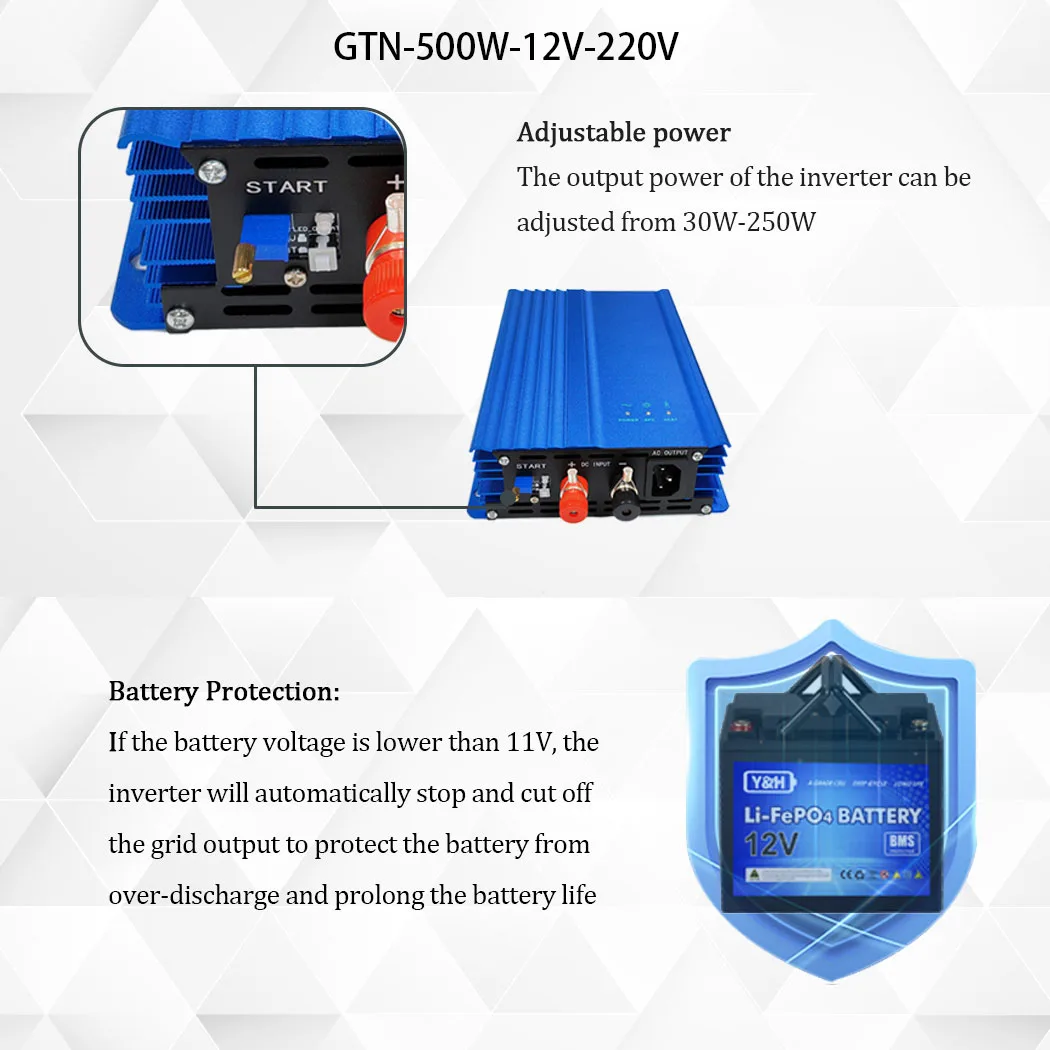 Solar Inverter 500W Micro Grid Tie Inverter Pure Sine Wave MPPT AC230V output DC16V-28V/26V-45V &12V/24V Battery Discharge Adjustable