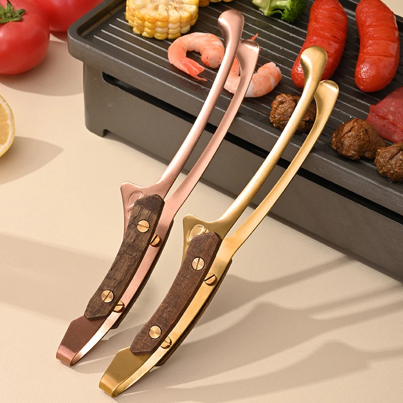 Food Tong Heat Insulated Anti-Scalding Grill Meat Clip Easy To Clean Wooden Handle Stainless Steel Tea Clamp BBQ Tool