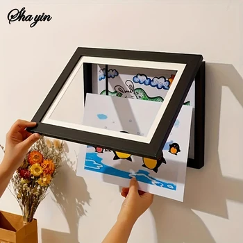 Cornice per foto in legno ribaltabile, cornice con ventosa magnetica, cornice per foto per bambini A4, cornice per riporre oggetti, cornice per certificato di lavoro artistico