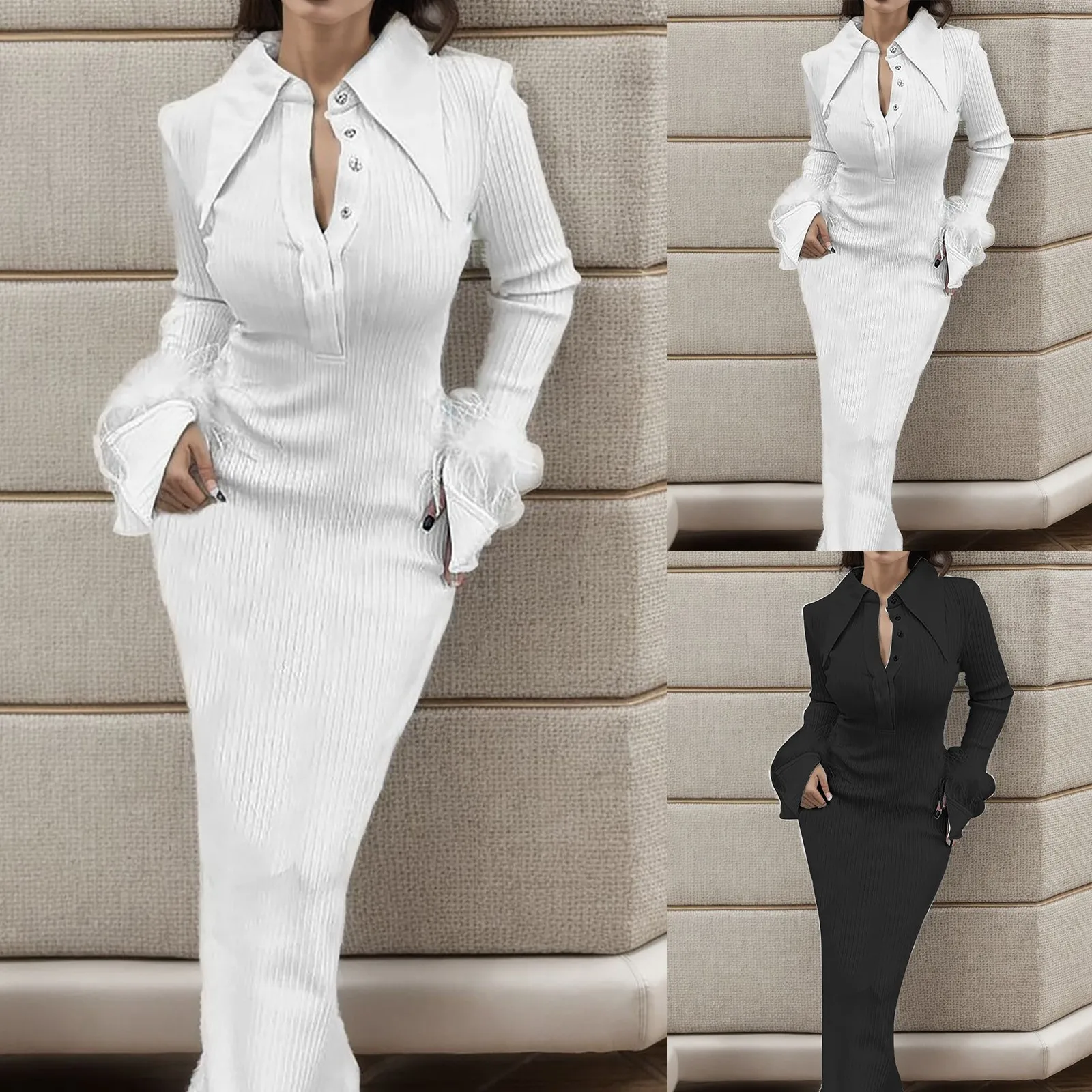 

Women's Autumn And Winter Temperament Lapel Buttons Cuff Feather Decoration Gown Dresses Elegant Solid Color Slim Long Dress