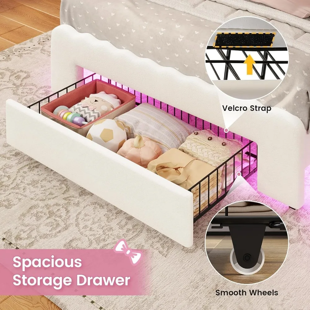 Double Bed Rack with LED Lights and Storage Drawers, Height Adjustable Butterfly Headboard, C-shaped and USB Charging Ports 5