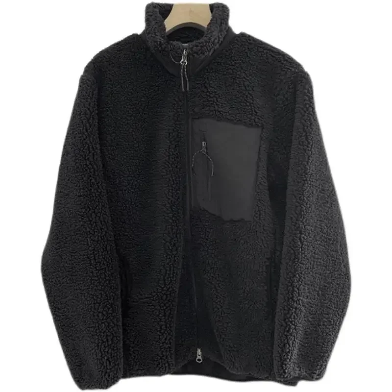 Autumn and Winter Japanese Men's and Women's Fleece Stand Neck Jacket Couple Zipper Loose Warm Lamb Wool Coat Solid Color Jacket 6