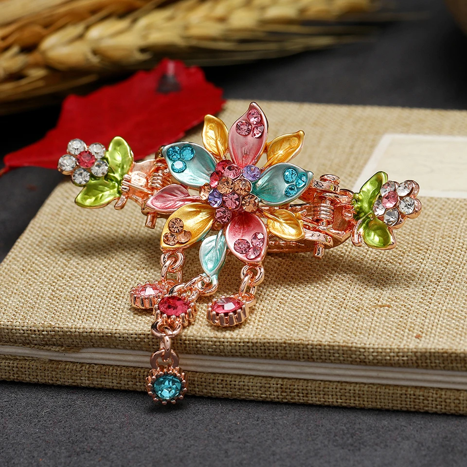 Vintage Enamel Flower Hair Claw Jewelry Charm Rhinestone Hair Clip for Women