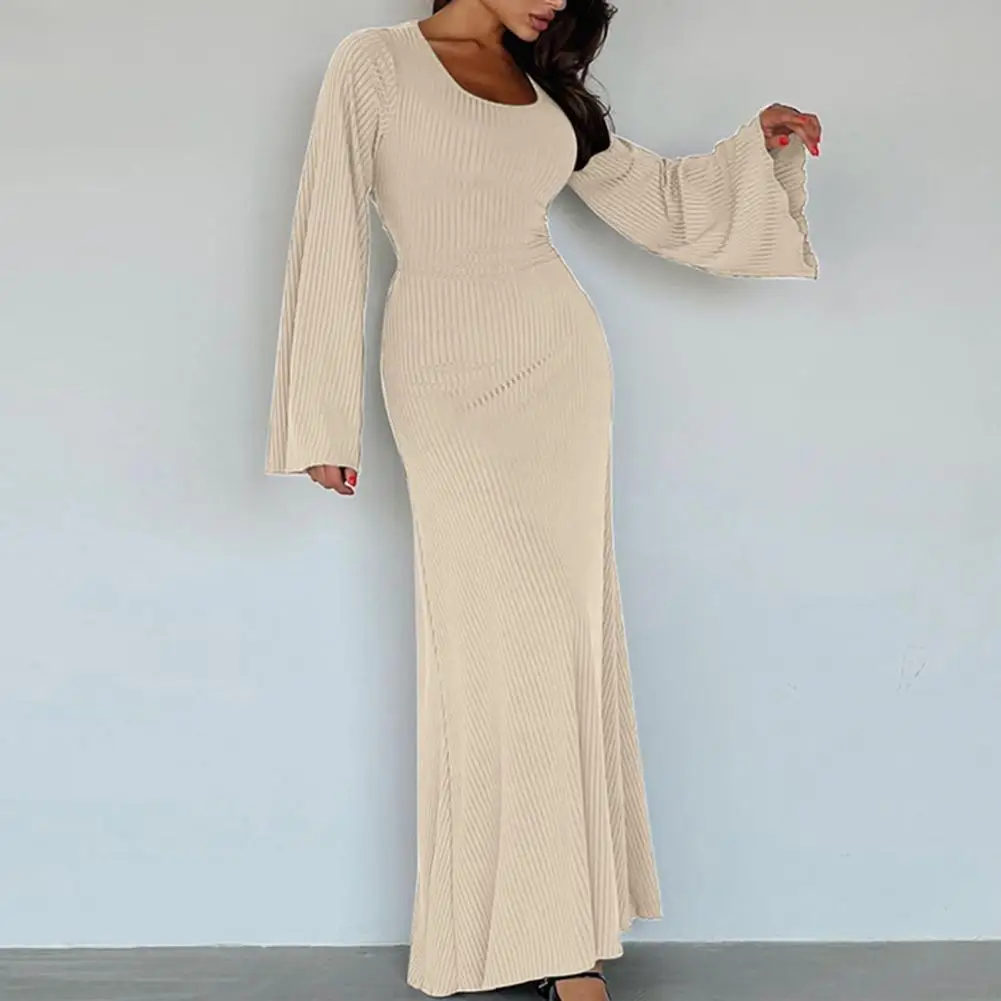 

Women Dress Solid Ribbed Trumpet Sleeves Maxi Dress Back Lace-Up Elegant Dress Casual 2023 Spring Fall U Neck Lady A-line Dress