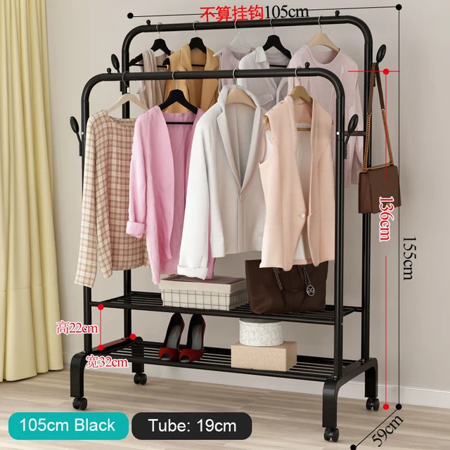 Garment Rack Floor Standing Clothes Hanger Double Pole Coat Rack Wardrobe Clothing Drying Rack Mobile Cloth Rail Home Furniture B Double layer 105cm