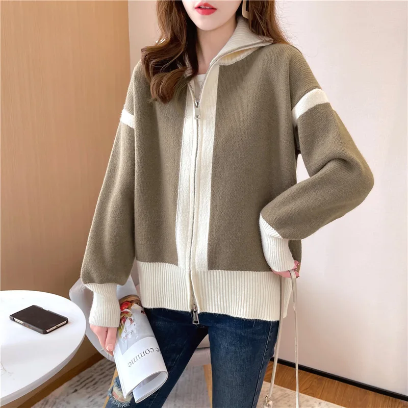 

Spring and Autumn Women's New Outwear Stand up Neck Zipper Fashion Slimming Knitted Cardigan Color Block Coat