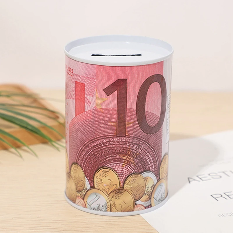 Metal Tinplate Cylinder Box Bank Euro Household Saving Money Box Home Storage Organizers for Coins Deposit Boxes