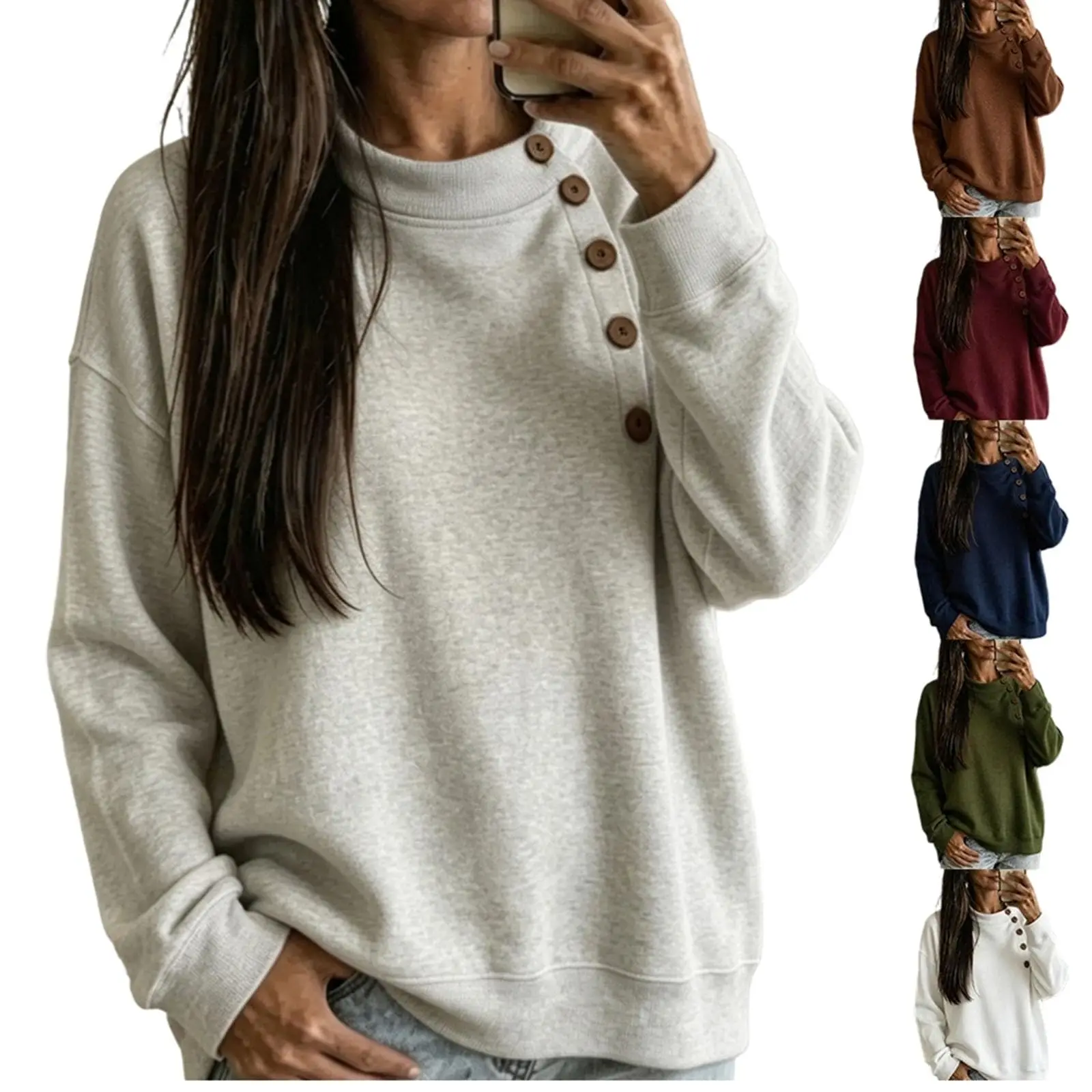 Crew Neck Sweatshirts Women Fleece Pullover Side Button Tops Fall Cute Shirt