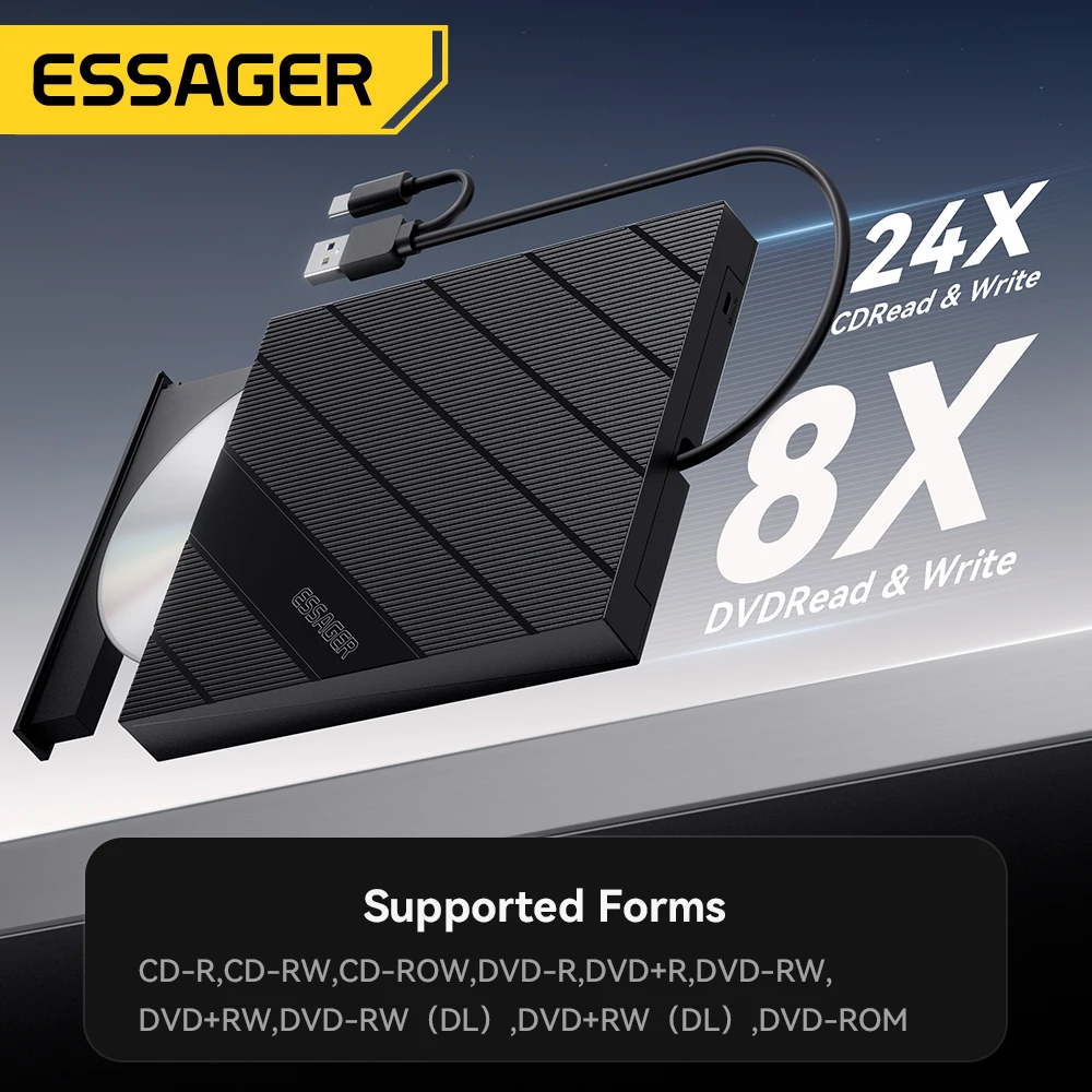 Essager 2 in 1 External CD/DVD Burner Optical Drive USB-A/Type-C DVD RW CD Writer Reader Player Portable Recorder For Laptop PC