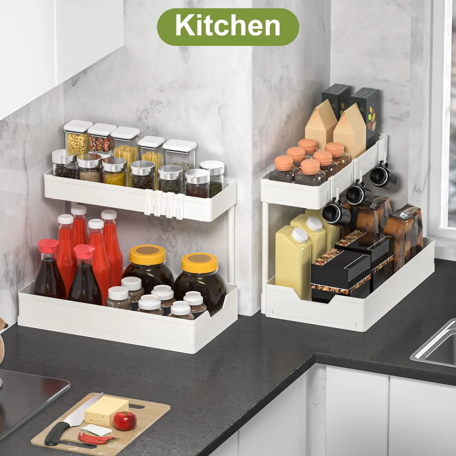 Under Sink Organizers and Storage, L-Shape Kitchen Bathroom Organization, 2-Tier Sliding Storage Under Sink Cabinet Organizer 4