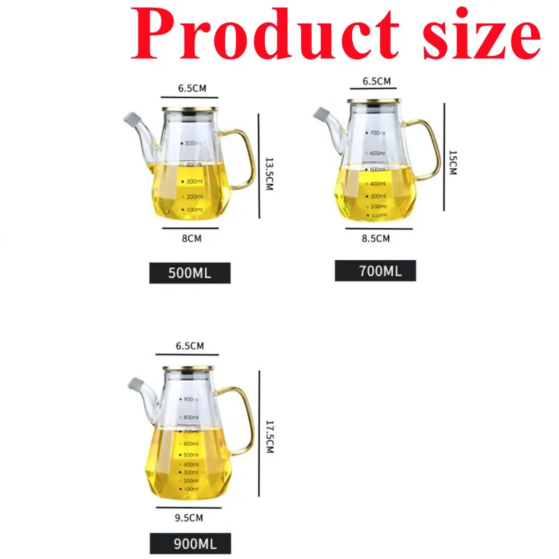 500/700/900ml Home Creative Glass Diamond Oil Bottle with Scale and Handle Kitchen Soy Sauce Vinegar Condiment Storage Container