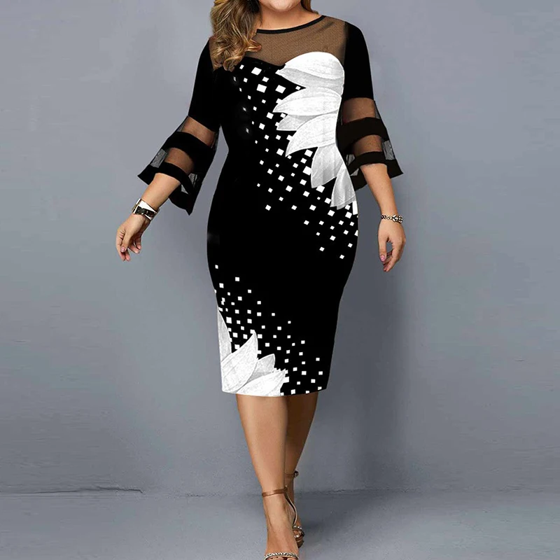 Ladies Harajuku Long Sleeve Plus Size Dress Women Vintage Elastic Waist Flare Sleeve Lace Sexy Printing Party Midi Dress Robe
