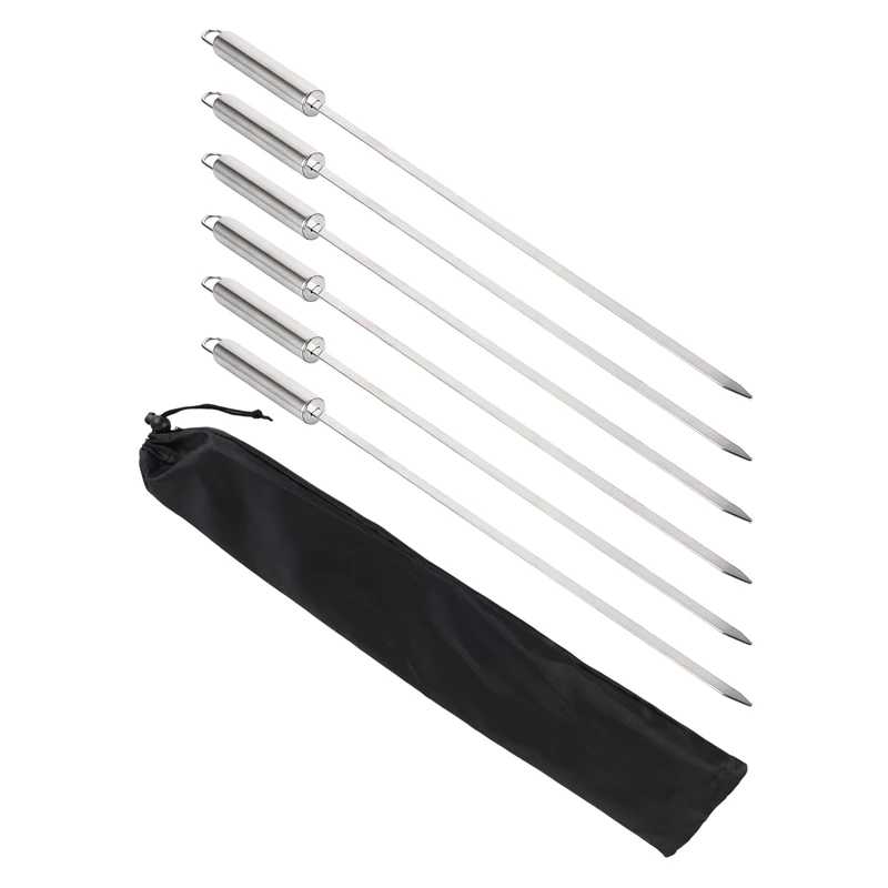 6Pcs/Set stainless steel barbecue stick metal skewers flat needle 40cm outdoor tools with bag