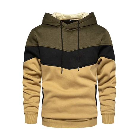 Verde Negro Beige - Sudadera Deportiva Tricolor con Capucha y Bolsillos