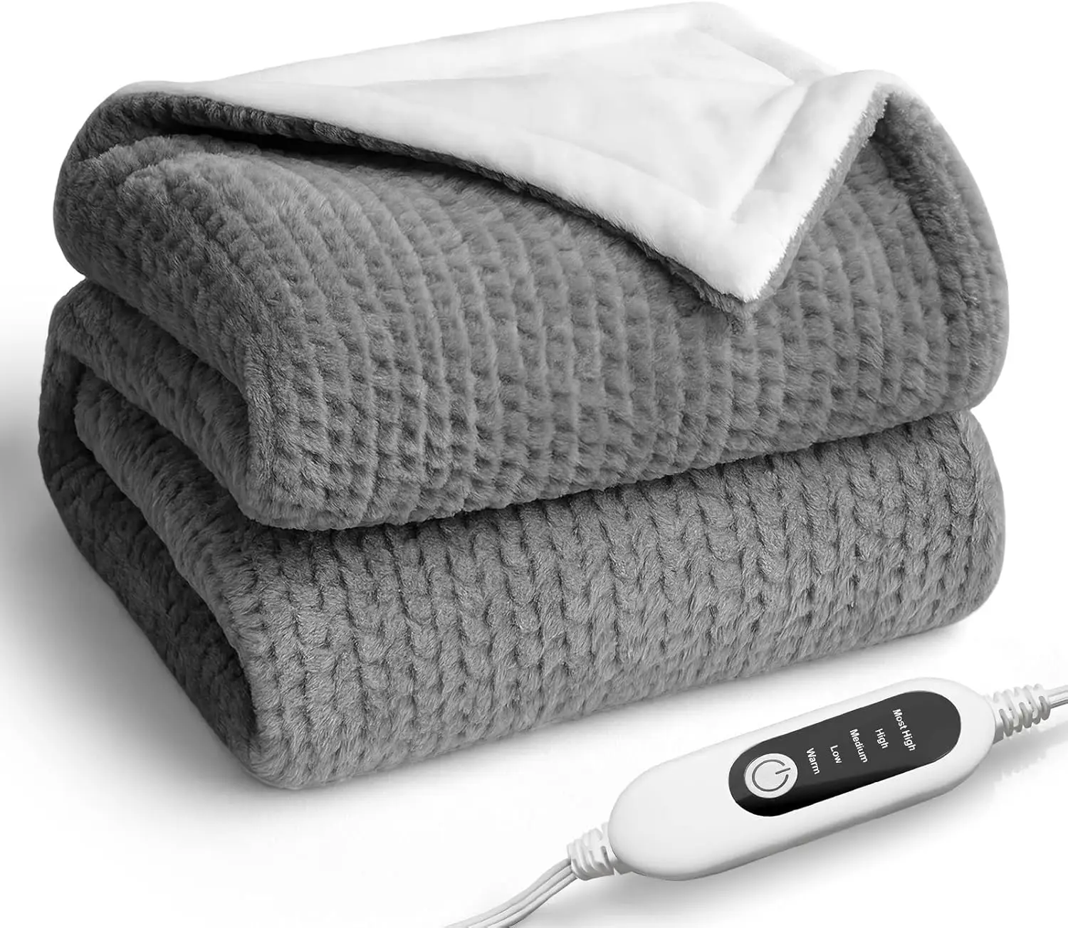 Electric Heated Blanket with Faux Fur, 5 Heat Levels & Auto-Off, Grey 50x60 Inches