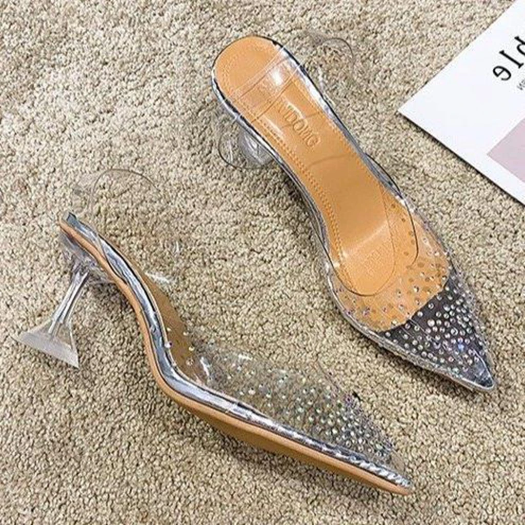 

Женские Модные Сандалии, босоножки на высоком каблуке, с острым носком, прозрачные хрустальные тапочки в Корейском стиле