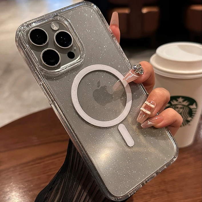Luxury Bling Glitter Magnetic Wireless Charging Case - Clear Hard Acrylic Cover