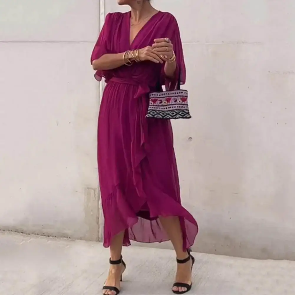 

Dress Elegant V-neck Lace-up Midi Dress with Pleated Irregular Bat Sleeves Ruffle Hem for Dating Commute Lady Dating Dress