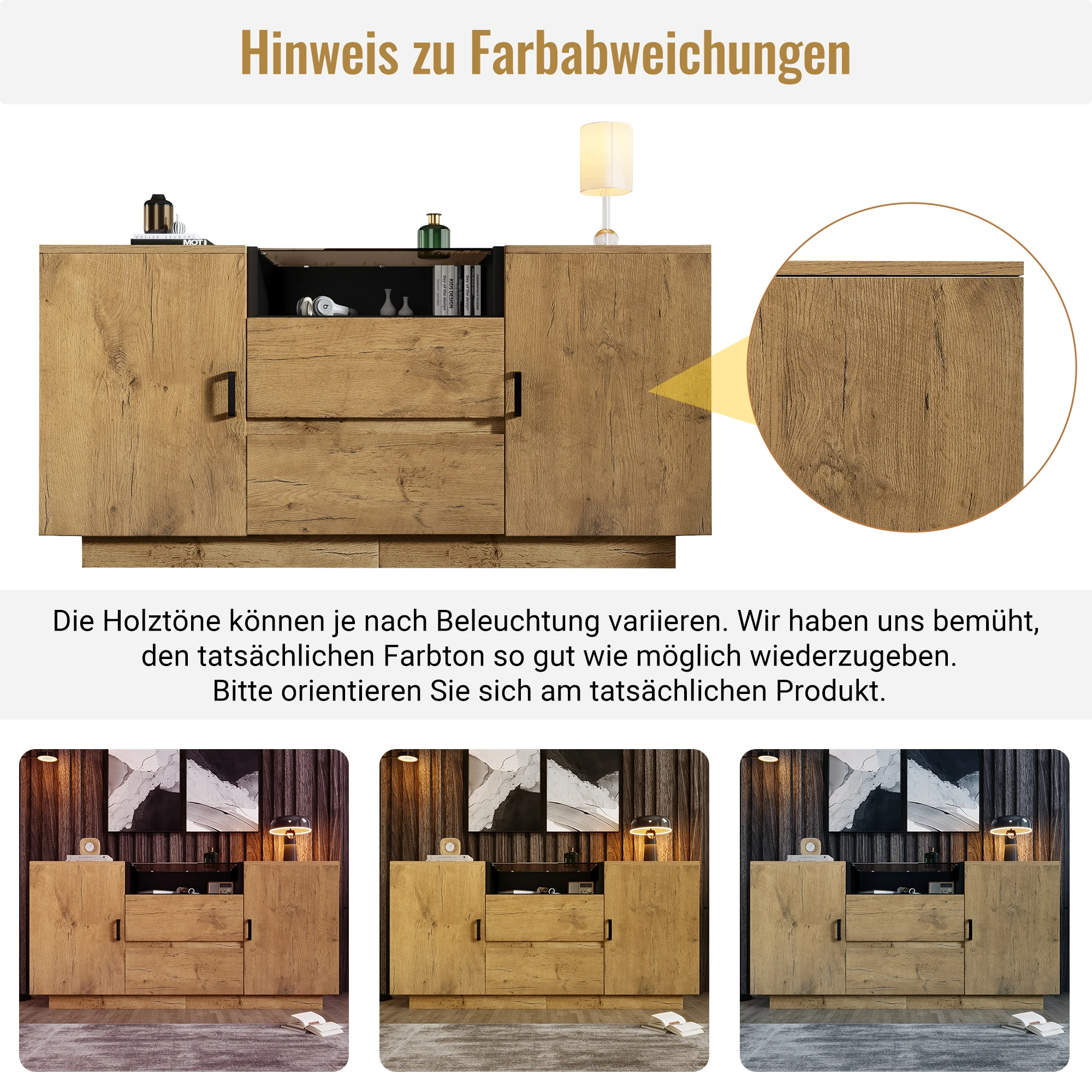Eichen-Sideboard mit 2 Schubladen, 2 verstellbaren Schränken und offenem Fach – ESG-Glas & schwarze Griffe, H70/B140/T40 cm. – Detail 9